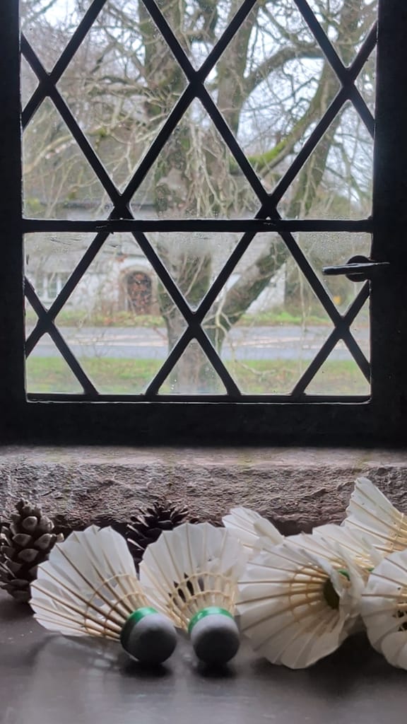 Window in Emily Hobhouses Home, showing shuttlecocks which are in the windowsill