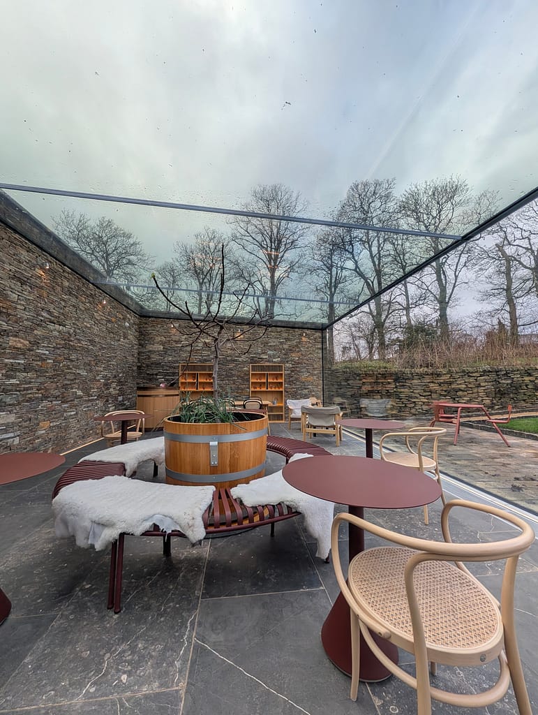 The incredible restaurant at The Story of Emily: Modern, light and full of glass, like eating outside but without the cold.